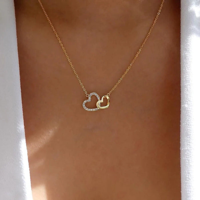 Double Interlocking Heart Pendant Necklace Gold Silver