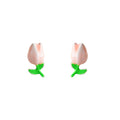 Pink Enamel Tulip Stud Earrings Green Leaf Accents Pair view 5