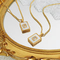 Gold Rectangular Shell Pendant Necklace Clear Center Stone Chain view 3