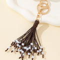 Brown Leather Cord Tassel Keychain With Faux Pearl Beads view 3