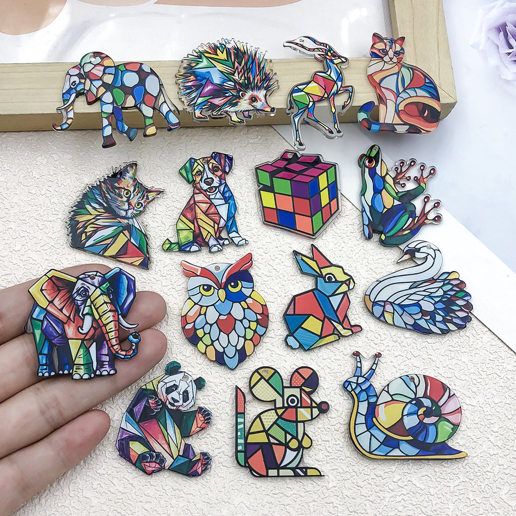 Colorful Acrylic Cat Panda Elephant Animal Bear Double Sided Charm Pendant for Jewelry Making DIY