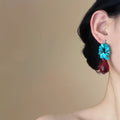Turquoise Blue Flower and Red Teardrop Dangle Earrings view 4