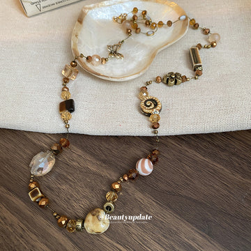 Gold Brown Ceramic Crystal Bead Butterfly Flower Necklace