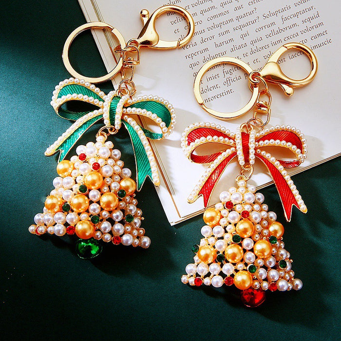 Pearl Christmas Tree Keychains With Red or Green Enamel Bows