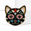 Black Enamel Cat Face Brooch Multicolor Rhinestone Gold Rim view 2