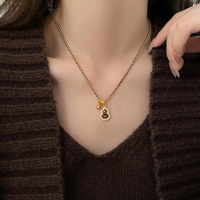 Gold Tone Gourd Pendant Necklace With Brown Stone Pendant Jewelry