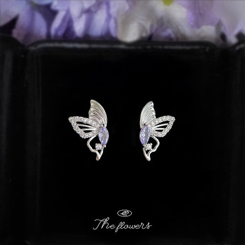 Silver purple marquise butterfly CZ studs in black jewelry box