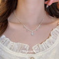 Silver Pearl Flower Crystal Pendant Necklace Oval Center Drop view 3