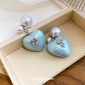 Blue Heart Bow Drop Stud Earrings With Faux Pearl Tops view 4