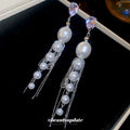 Silver Tone Pearl Drop Earrings With Fine Chain Tassels view 4