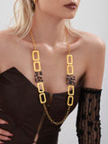 Leopard Acrylic Square Gold Open Link Sweater Necklace view 6