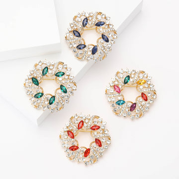 Gold Rhinestone Circle Wreath Brooch Red Blue Green