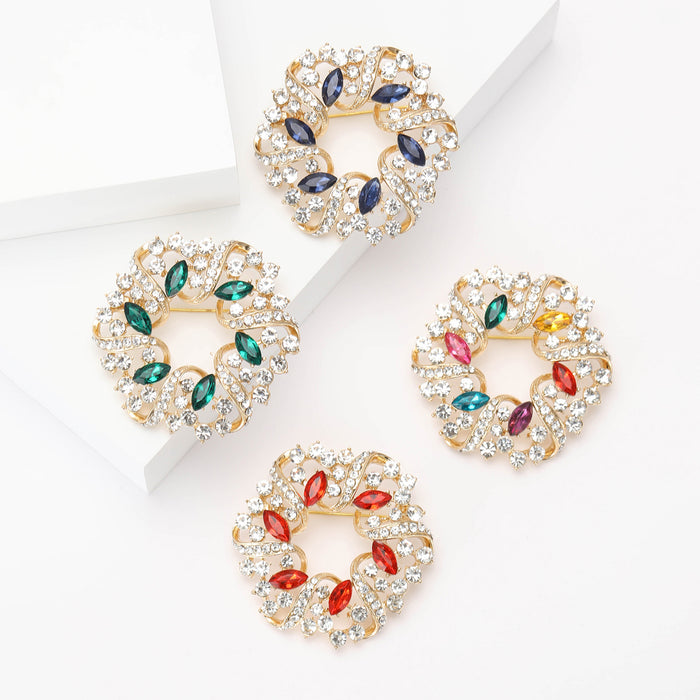 Gold Rhinestone Circle Wreath Brooch Red Blue Green