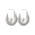 Silver Mesh Hoop Earrings with Pearl Centers with Polished Metal Details view 5