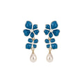 Blue Enamel Floral Cluster and Pearl Drop Stud Earrings view 5
