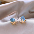 Blue Star And Pearl Accent Gold Tone Floral Stud Earrings view 2