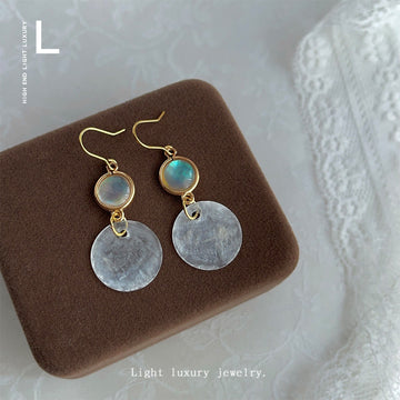 Gold Tone Iridescent Round Stone Clear Disc Hook Earrings