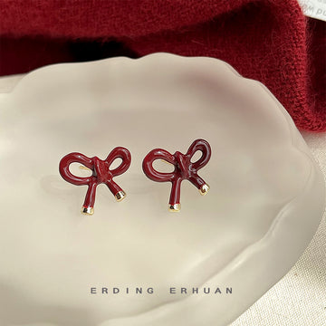 Wine Red Enamel Bow Stud Earrings Gold Tone Ribbon Tips