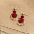 Gold Ball Stud Red Wood Disc Crescent Drop Earrings view 3
