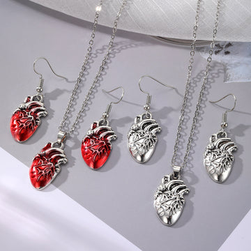 Silver Tone Anatomical Heart Necklace and Hook Earring Options
