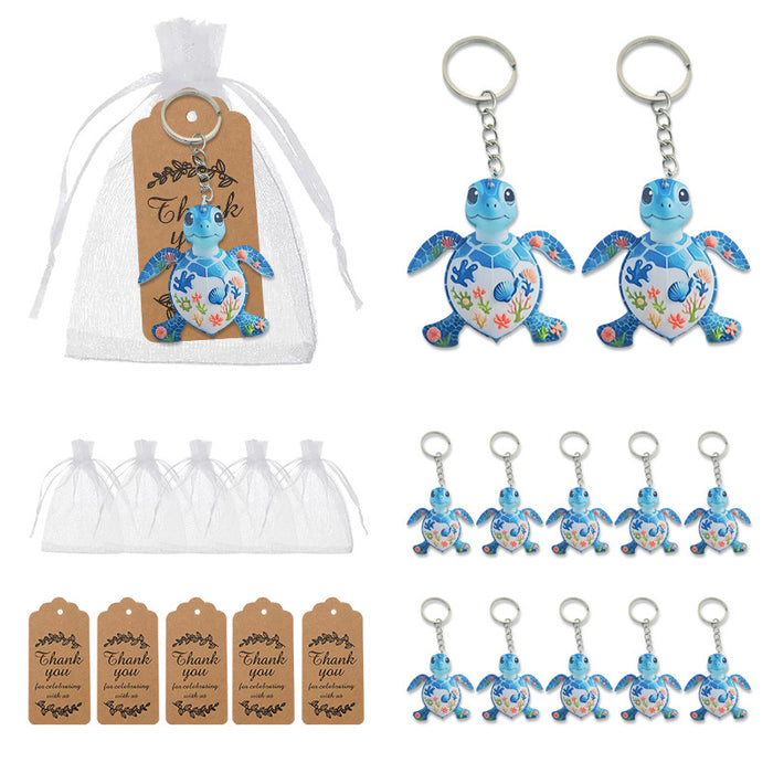 Blue Sea Turtle Acrylic Keychain With Metal Split Ring And Chain