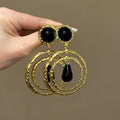 Gold Tone Black Resin Double Hoop Drop Earrings Statement Jewelry view 6