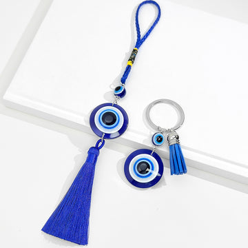 Round Evil Eye Glass Disc Pendant Tassel Keychain Gold Tone