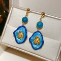 Blue Floral Oval Drop Earrings with Gold Tone Frames view 8