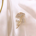 Gold Crystal Pave Ginkgo Leaf Brooch White Pearl Accent view 3