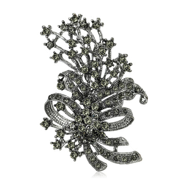 Gunmetal Crystal Bow and Floral Spray Statement Brooch