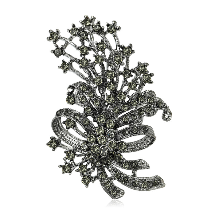 Gunmetal Crystal Bow and Floral Spray Statement Brooch