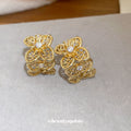 Crystal Flower C Shape Stud Earrings with Polished Metal Tone Details view 4