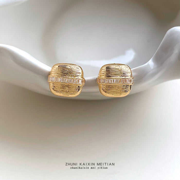 Gold-Tone Textured Square Stud Earrings Baguette Band