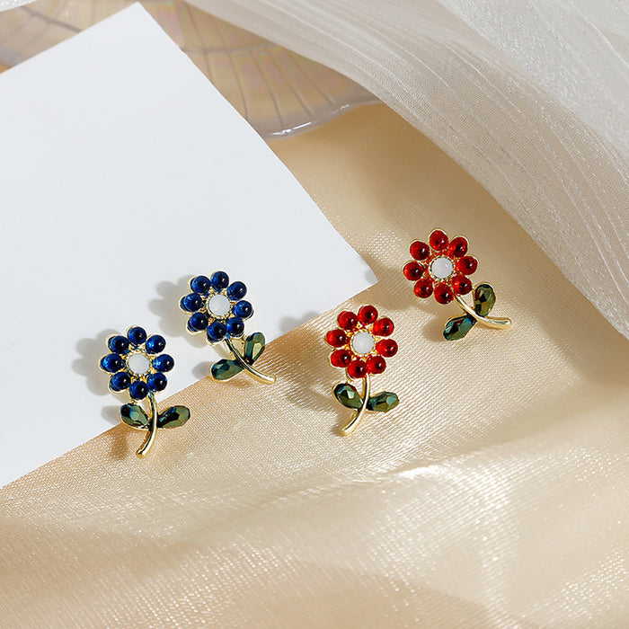 Red Rhinestone Flower Stem Stud Earrings Gold Leaf Accents