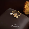 Gold Tone Clear Stone Butterfly And White Pearl Open Adjustable Ring view 3