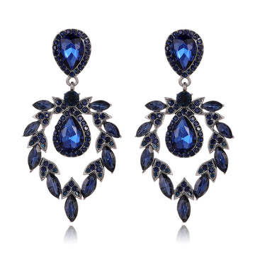 Blue Silver Tone Blue Teardrop Leaf Cluster Crystal Five Designs Metal Dangle Earrings