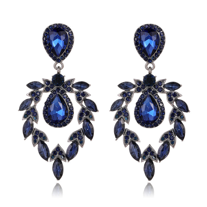 Blue Silver Tone Blue Teardrop Leaf Cluster Crystal Five Designs Metal Dangle Earrings