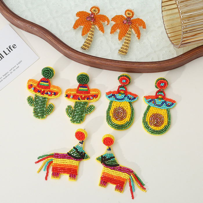 Fiesta Seed Bead Drop Earrings Cactus Palm Donkey Avocado