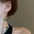 Green Fan And Bamboo Tassel Hook Earrings With Decorative Details view 3