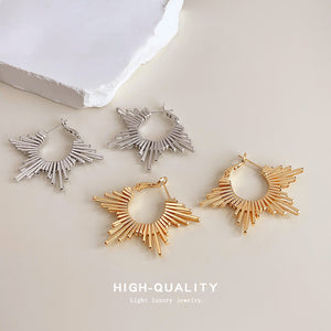 Gold Sunburst Radial Bar Hoop Earrings Lever Back Clasp