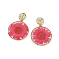 Gold Tone Round Resin Pressed Flower Drop Stud Earrings in Five Colors view 5