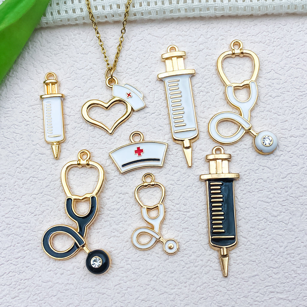 Zinc Alloy Enamel Stethoscope Syringe Heart Charm Pendant for DIY Necklace Keychain