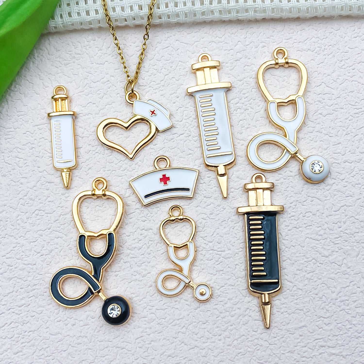 Zinc Alloy Enamel Stethoscope Syringe Heart Charm Pendant for DIY Necklace Keychain