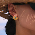 Gold Fan Peacock Texture Stud Earrings Turquoise Center view 1