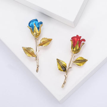 3D Rose Bud Brooch with Gold Leaves in Red or Blue