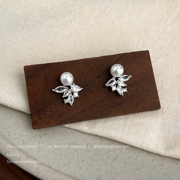 Silver-Tone Pearl Stud Earrings Ice Crystal CZ Cluster