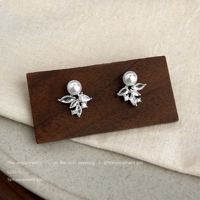 Silver-Tone Pearl Stud Earrings Ice Crystal CZ Cluster