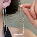 Pearl Stud Earrings With Long Silver Crystal Chain Fringe view 1
