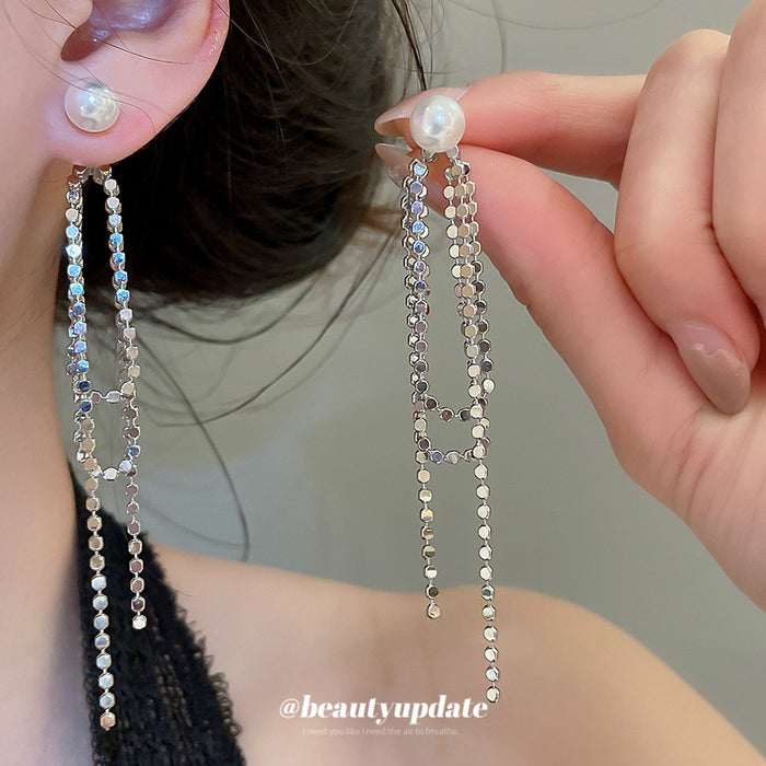 Pearl Stud Earrings With Long Silver Crystal Chain Fringe