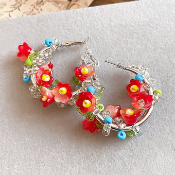 Colorful Beaded Hoop Earrings With Red Flower Charms